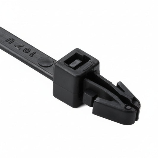 HellermannTyton 126-00045 Arrowhead Push-Mount Cable Tie, 6"L, 50lb, 0.04"–0.14" Panel Thickness, PA66HS, Black, 100/pkg