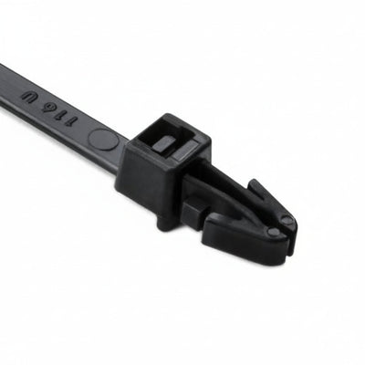 HellermannTyton T50RSF0C2 Arrowhead Push-Mount Cable Tie, 8.3"L, 50lb, 0.04"–0.14" Panel Thickness, PA66HS, Black, 100/pkg