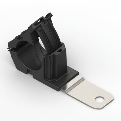 HellermannTyton 151-01478 Ratchet P-Clamp, .76"–1.42" Bundle Dia, 180° Med, .41" Hole Dia, PA66HIRHSUV/ST/ZN, Black, 140/ctn