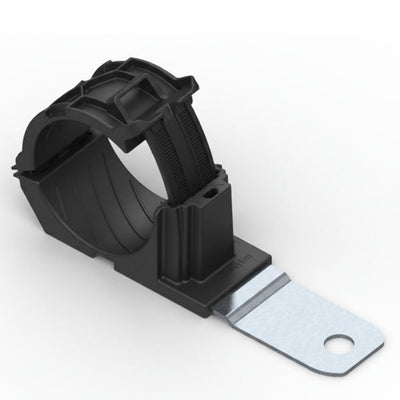HellermannTyton 151-01504 Ratchet P-Clamp, 1.38"–2.01" Bundle Dia, 180° Med, .41" Hole Dia, PA66HIRHSUV/ST/ZN, Black, 140/ctn