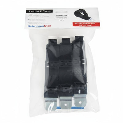HellermannTyton 151-01673 Ratchet P-Clamp, 1.38"–2.01" Bundle Dia, 180° Short, .26" Hole Dia, PA66HIRHSUV/ST/ZN, Black, 3/bag