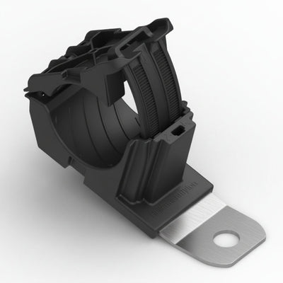 HellermannTyton 151-01989 Ratchet P-Clamp, .76"–1.42" Bundle Dia, 15° Short, .41" Hole Dia, PA66HIRHSUV/SS304, Black, 160/ctn