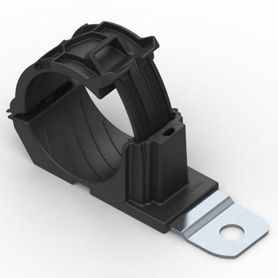 HellermannTyton 151-02012 Ratchet P-Clamp, 1.38"–2.01" Bundle Dia, 180° Med, .26" Hole Dia, PA66HIRHSUV/SS304, Black, 140/ctn