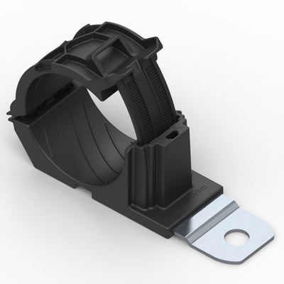 HellermannTyton 151-02013 Ratchet P-Clamp, 1.38"–2.01" Bundle Dia, 180° Med, .33" Hole Dia, PA66HIRHSUV/SS304, Black, 140/ctn