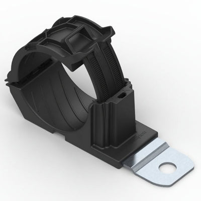 HellermannTyton 151-02014 Ratchet P-Clamp, 1.38"–2.01" Bundle Dia, 180° Med, .41" Hole Dia, PA66HIRHSUV/SS304, Black, 140/ctn