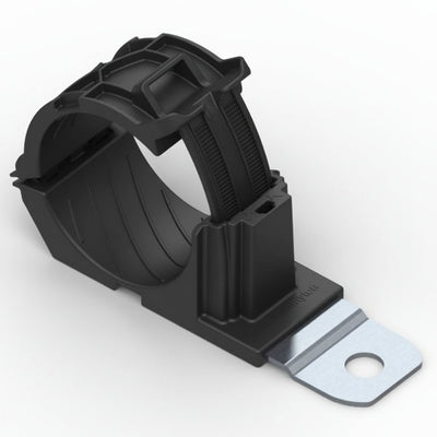 HellermannTyton 151-02016 Ratchet P-Clamp, 1.38"–2.01" Bundle Dia, 180° Long, .26" Hole Dia, PA66HIRHSUV/SS304, Black, 140/ctn