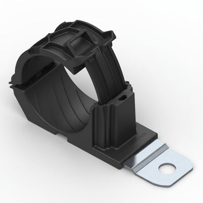 HellermannTyton 151-02017 Ratchet P-Clamp, 1.38"–2.01" Bundle Dia, 180° Long, .33" Hole Dia, PA66HIRHSUV/SS304, Black, 140/ctn