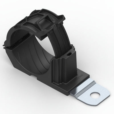 HellermannTyton 151-02018 Ratchet P-Clamp, 1.38"–2.01" Bundle Dia, 180° Long, .41" Hole Dia, PA66HIRHSUV/SS304, Black, 140/ctn