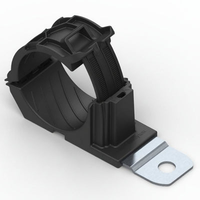 HellermannTyton 151-02019 Ratchet P-Clamp, 1.38"–2.01" Bundle Dia, 180° Long, .51" Hole Dia, PA66HIRHSUV/SS304, Black, 140/ctn