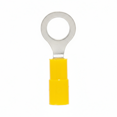 24-20 AWG Yellow Vinyl Insulated Butted Seam #10 Ring Terminals, 100/bag