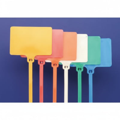 9" 120lb Yellow Nylon Cable Tie Blank Flag Identification Tag w/ 2" X 3" Flag. 100/Bag