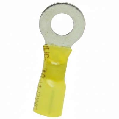 12-10 AWG Yellow Polyolefin Insulated Heat Shrink 3/8 Ring Terminals, 100/bag