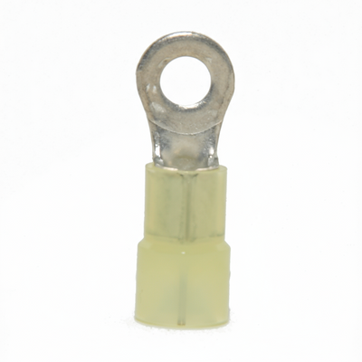 12-10 AWG Yellow Nylon Insulated Butted Seam #8 Ring Terminals 100/bag