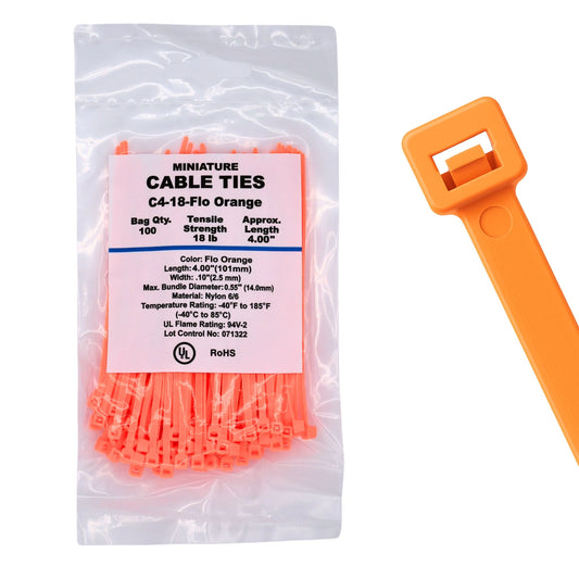 4" 18lb Fluorescent Orange Cable Ties 100/bag Part # C4-18-Flo Orange
