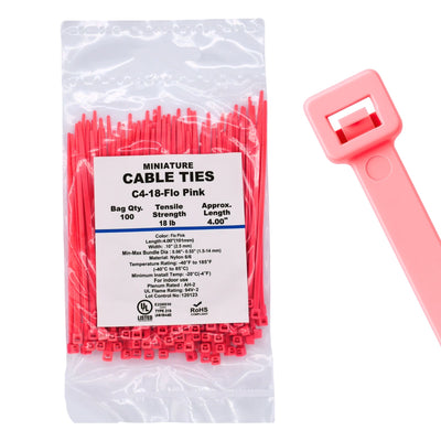4" 18lb Fluorescent Pink Cable Ties Part # C4-18-Flo Pink 100/Bag