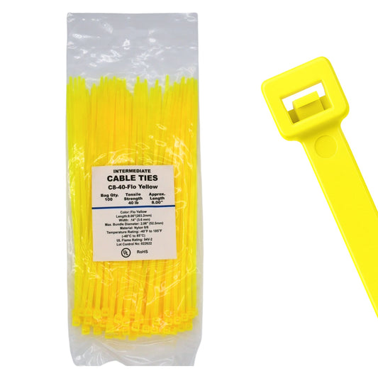 8" 40lb Fluorescent Yellow Cable Ties 100/bag Part # C8-40-Flo Yellow