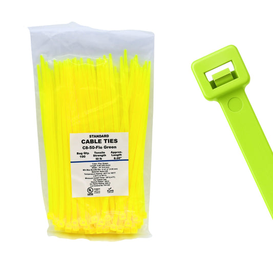 8" 50lb Fluorescent Green Cable Ties 100/bag Part # C8-50-Flo Green