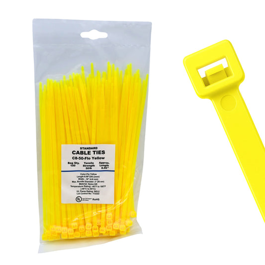 8" 50lb Fluorescent Yellow Cable Ties 100/bag Part # C8-50-Flo Yellow