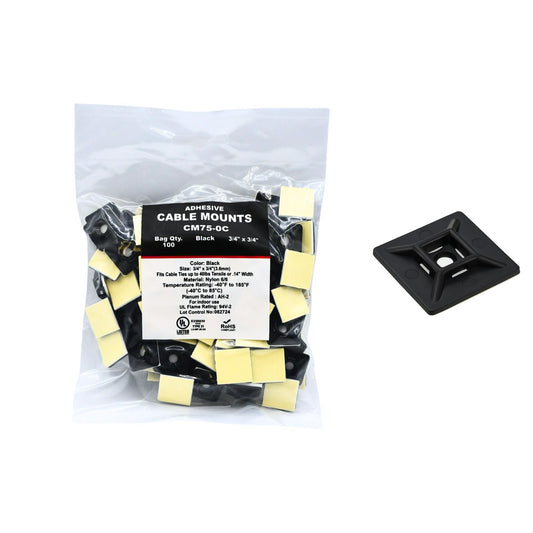 .75" UV Black Adhesive Cable Tie Mounts 100/bag Part #CM75-0C
