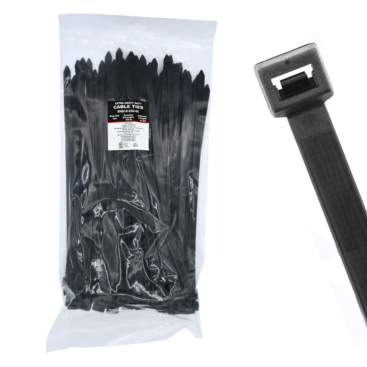14.96" 250lb UV Black Cable Ties 100/bag Part # EHD15-250-0C