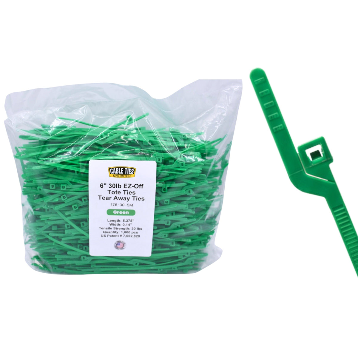 6" 30lb Green EZ-Off Tote Ties 1000/bag Part #EZ6-30-5M