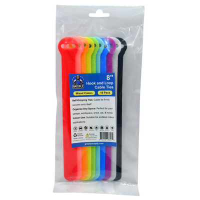 Grizzly Supply 8" Colored Hook and Loop Cable Tie 10/pk