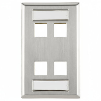 HellermannTyton FPIQUAD-SS Flush Mount 4 Port Faceplate With ID Windows, Stainless Steel,1/pkg