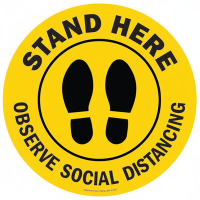 HellermannTyton 596-97001 Floor Sign, 8" Dia., Stand Here - Observe Social Distancing, Yellow, Vinyl, 10/pk