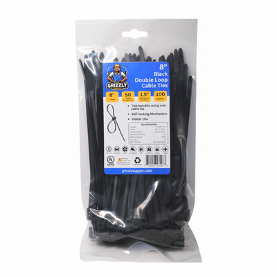 8" 50lb Black Double Loop Cable Tie 100/bag