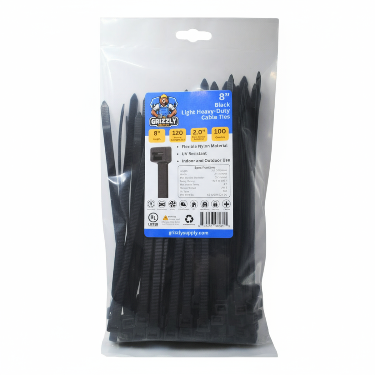 8" 120lb BlackUV Cable Tie 100/bag