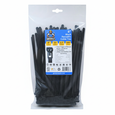 8" 50lb BlackUV Releasable Cable Tie 100/bag