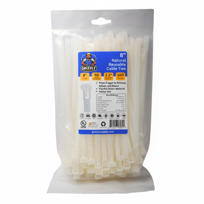 8" 50lb Natural Releasable Cable Tie 100/bag