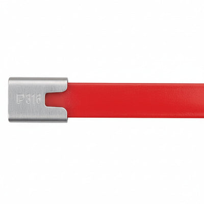 Panduit 14" 250lb Fully Coated Red Polyester 316 Pan-Steel Stainless Steel Cable Ties 50/bag Part #MLTFC4H-LP316RD