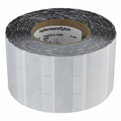 HellermannTyton TAG22T3-100B Thermal Transfer Labels, Self-Laminating, 1.0" x .5" x 1.43", 3 Across, VL, White, 5000/roll