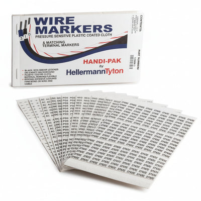 HellermannTyton TCWM13 Handi-Pak Marker Booklet, (45) +, -, AC, DC, (33) POS, NEG, and GND, (27) NEUT, (21) SPARE and BLANK, White, 1/pkg