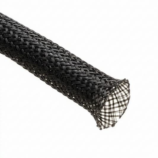 1 1/4” Black w/ White Tracer Techflex Flexo Halar Braided Sleeving 50ft