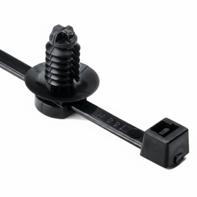 2-Piece Cable Tie/Fir Tree Mount, 8.0"L, 0.26 - 0.28" Mounting Hole Diameter, PA66HS/PA66HIRHSUV, Black, 500/pkg